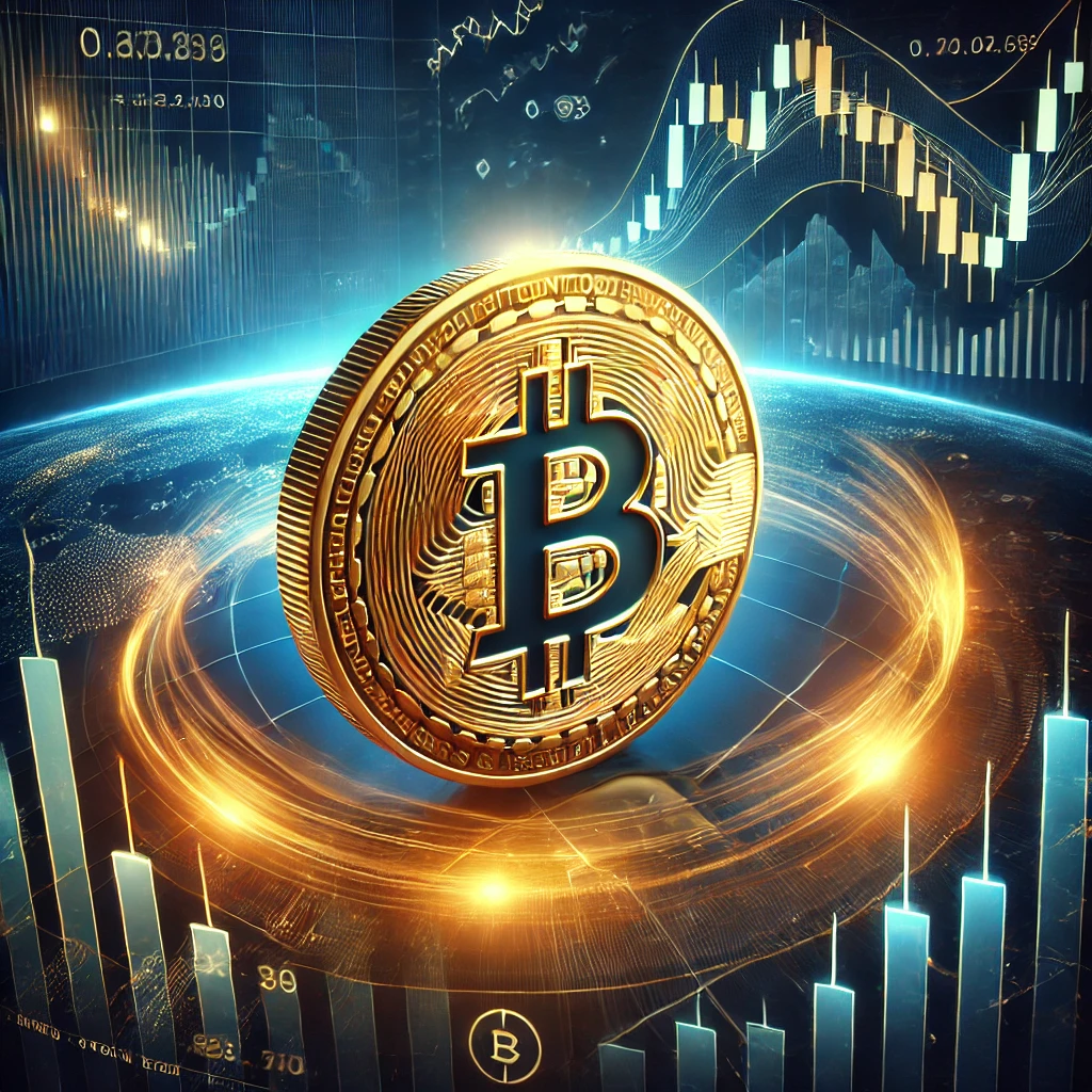 A golden Bitcoin coin floating in a futuristic financial setting with glowing candlestick charts and a rising market trend in the background.