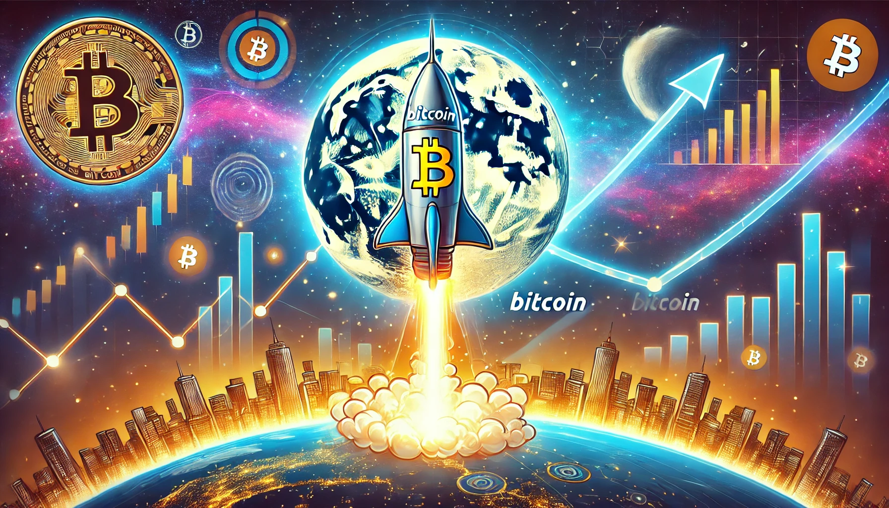 Bitcoin rocket blasting off toward the moon, symbolizing the cryptocurrency's rise to €100,000, with a futuristic cityscape and glowing moon in the background.