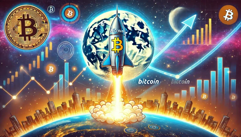 Bitcoin rocket blasting off toward the moon, symbolizing the cryptocurrency's rise to €100,000, with a futuristic cityscape and glowing moon in the background.