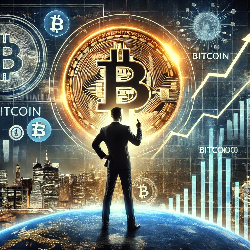 A futuristic digital illustration showcasing the global impact of Bitcoin adoption. A symbolic figure stands confidently with a Bitcoin emblem behind them, while a globe displays Bitcoin symbols spreading across countries. The scene includes a financial graph showing prices exceeding €200,000, set against a backdrop of global landmarks and high-tech financial data displays.