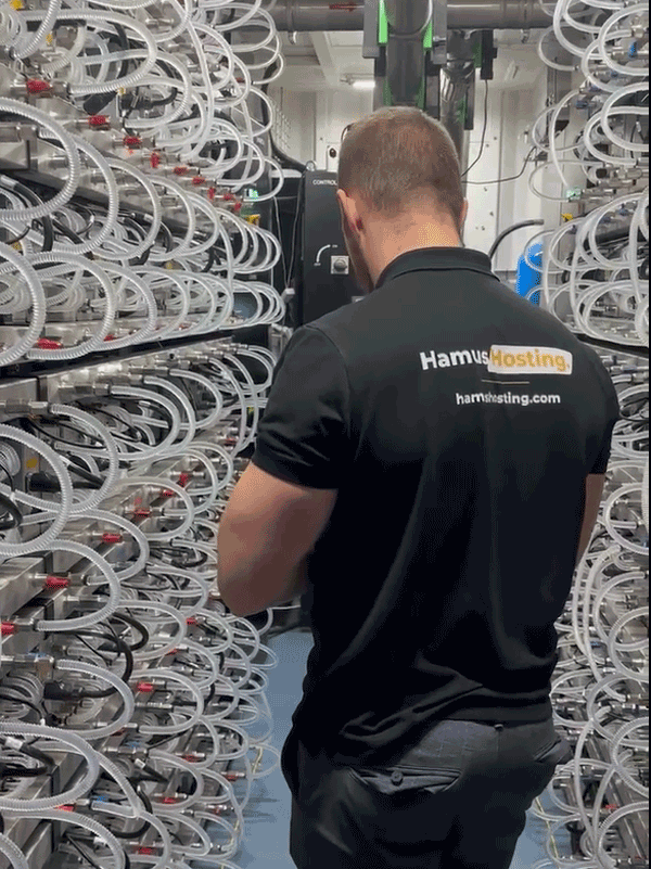 A professional standing inside a Bitmain HK3 hydro container, wearing a Hamus Hosting shirt and working on a laptop, surrounded by industrial mining equipment.