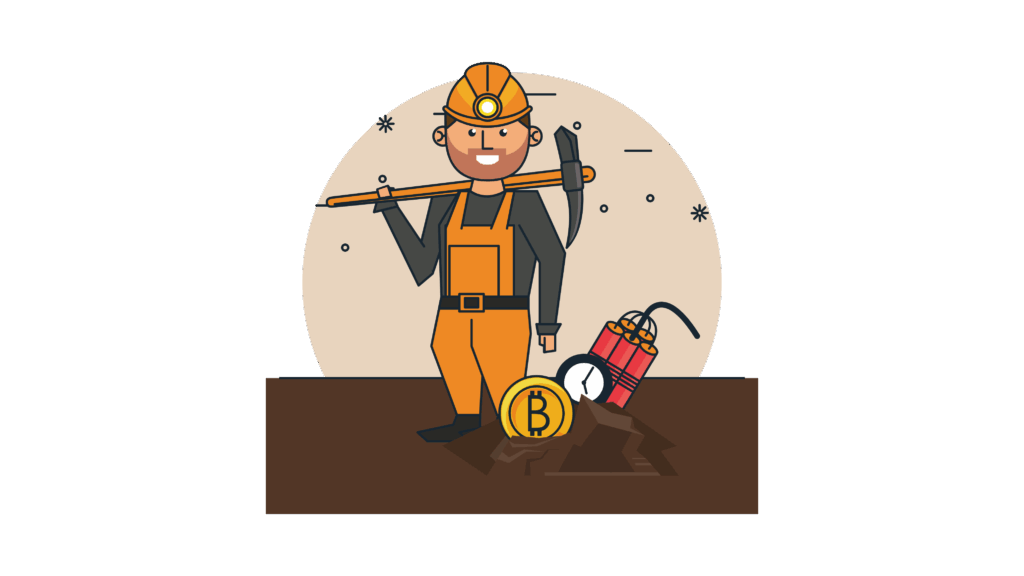man maning bitcoin in a mining clothing