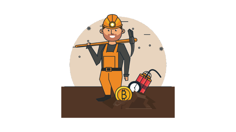Man start mining bitcoin in work uniform holding an axe with a whole bitcoin next to him representing the bitcoin mining industry