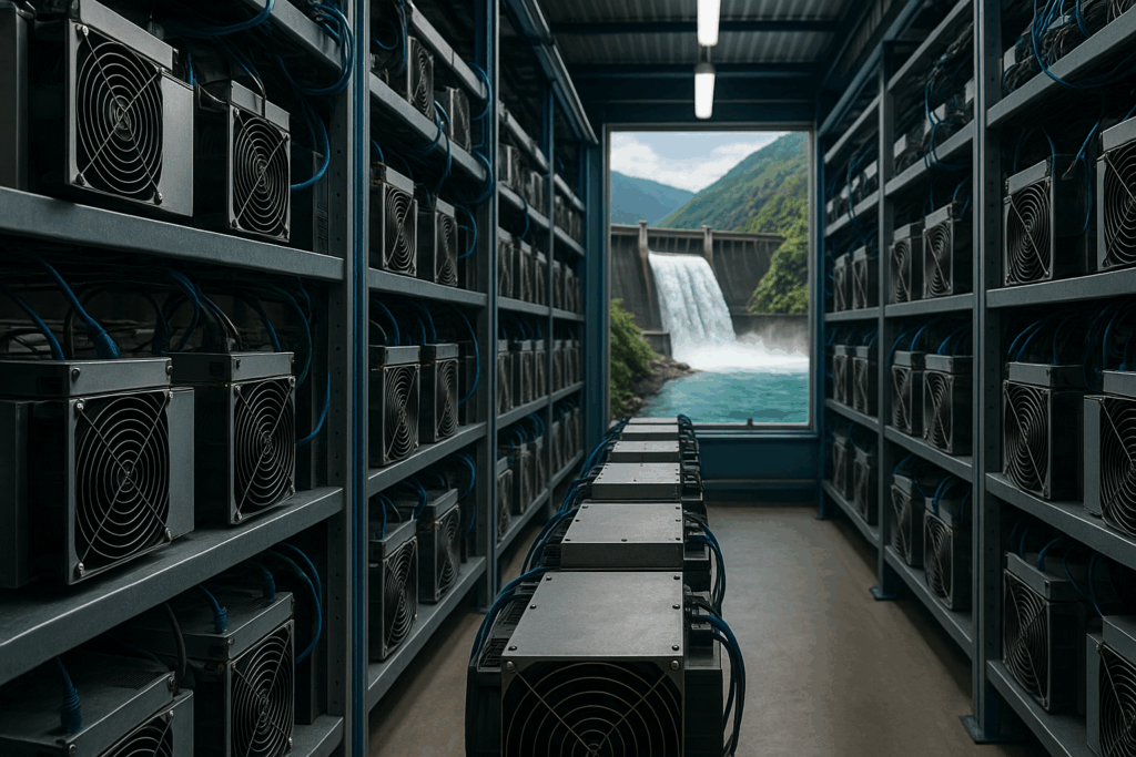 asic miners in racks with hydo view