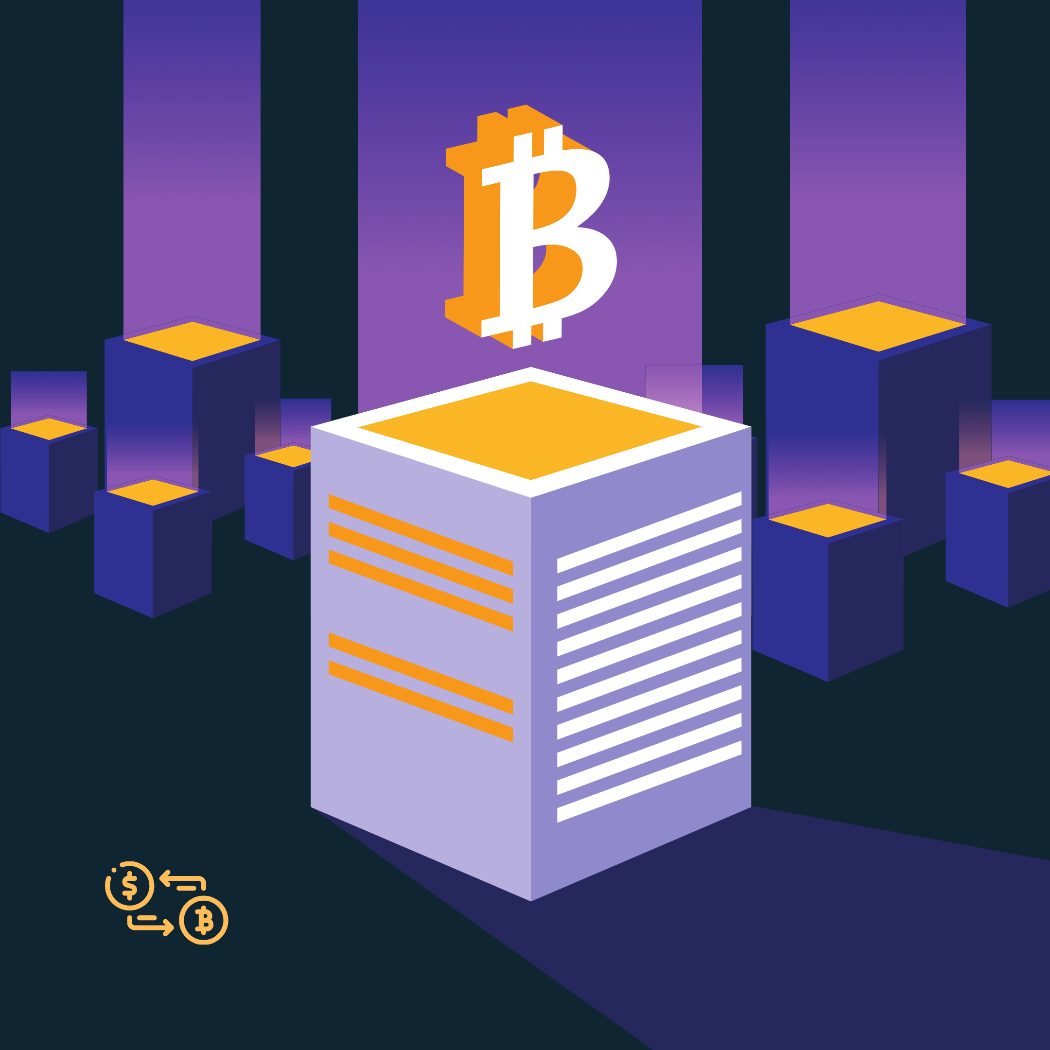 Buying or mining bitcoin. A bitcoin flowing on a hosting data center