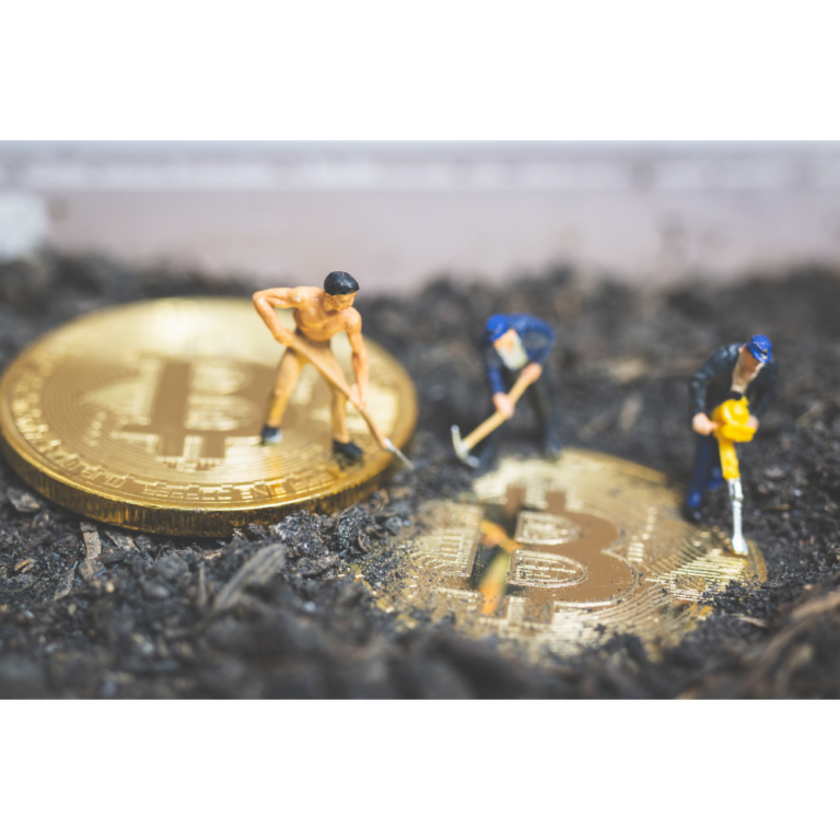 Conceptual image of Bitcoin mining with miniature miners working on physical Bitcoin coins, symbolizing proof-of-work, crypto mining operations, mining pool and block reward generation.