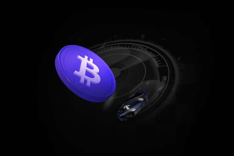 bitcoin in a purple colour floating on a dark background