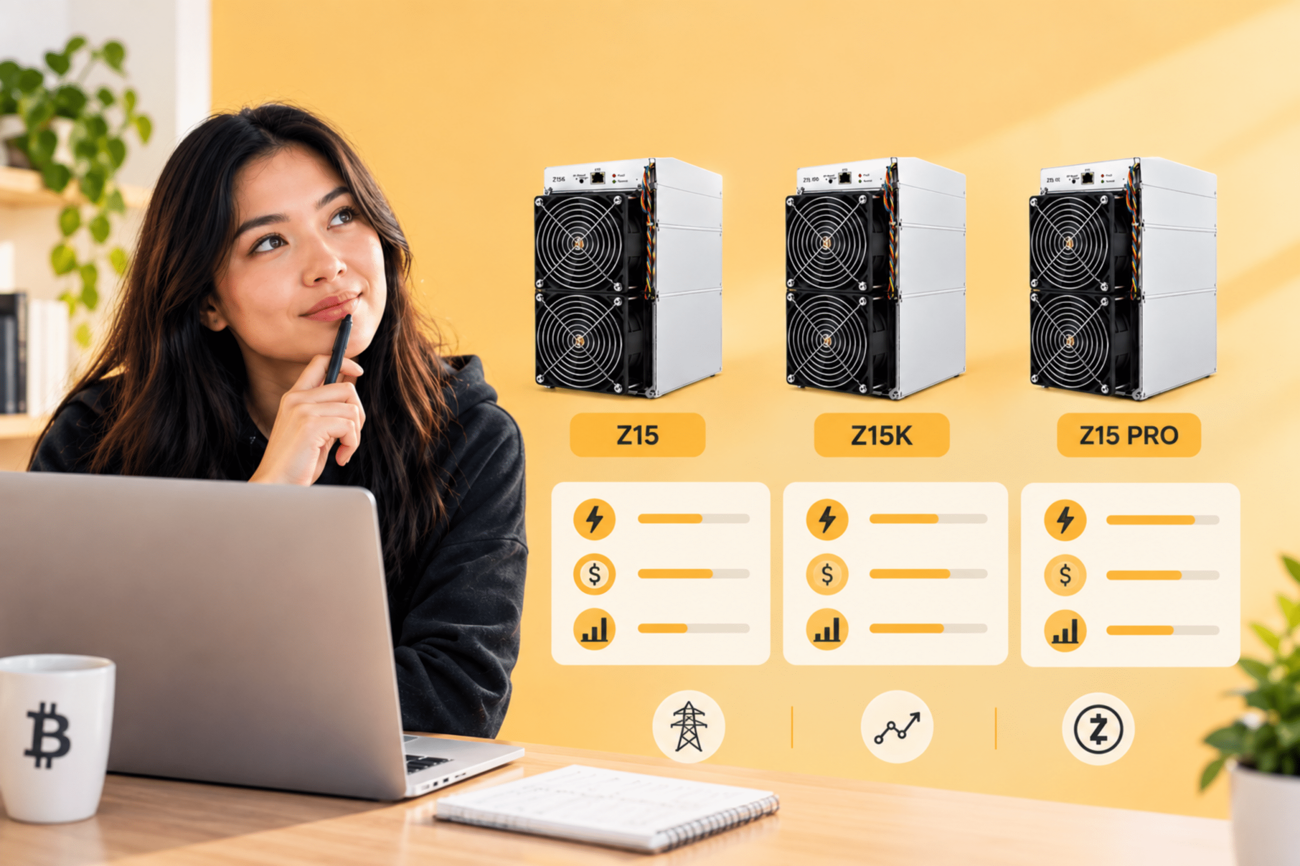 a tech girl thinking is Whether Zcash mining is profitable depends on three numbers. We run the Z15, Z15K and Z15 Pro at three power prices, then show what happens if difficulty doubles or ZEC halves.